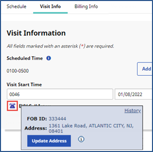 Viewing a Stored Address in the Visit Info Tab